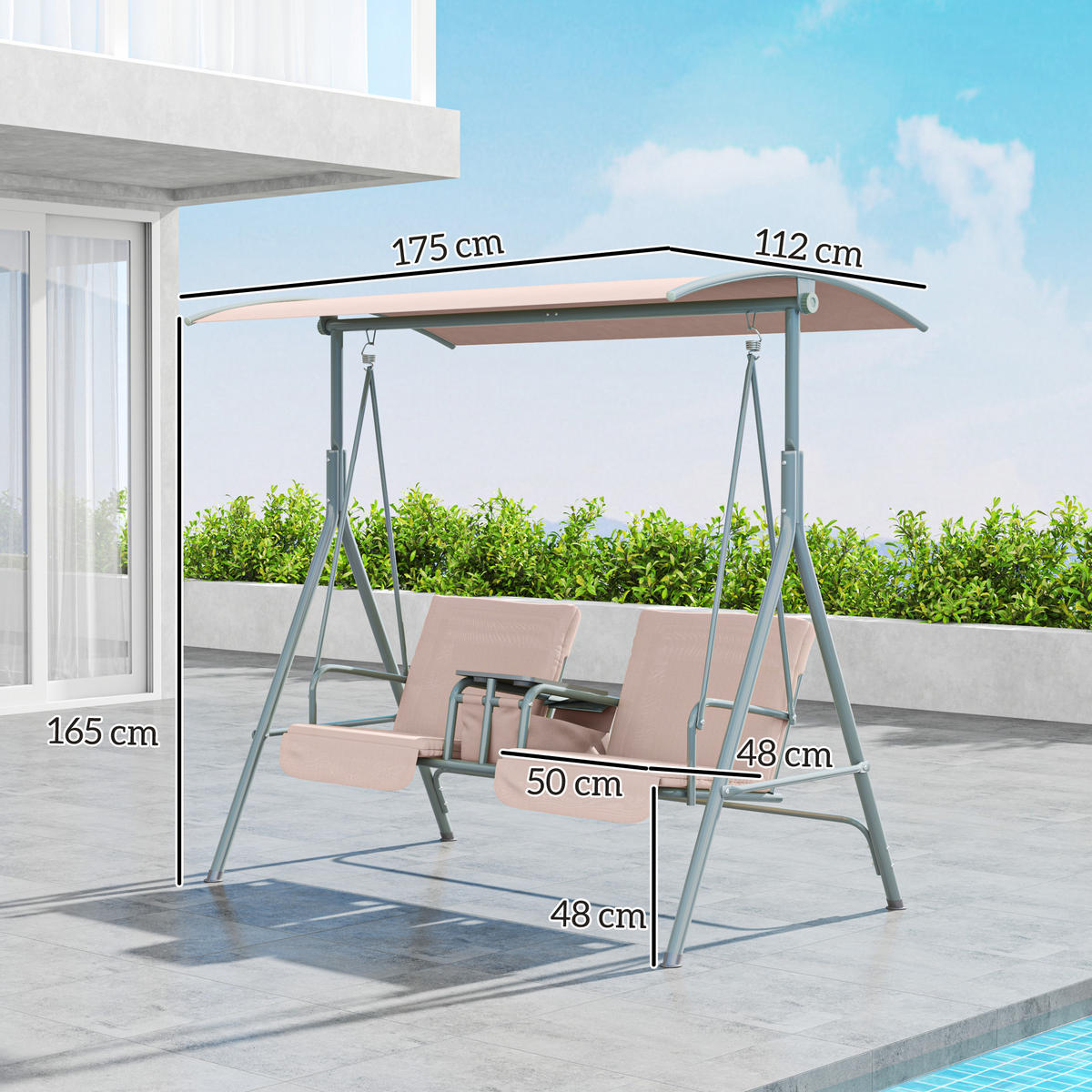HOLLYWOODSCHAUKEL DE-07099 2-Sitzer, verstellbares Sonnendach, bis 180 kg Beige - Beige, Metall (175/158/112cm) - ComfortXL