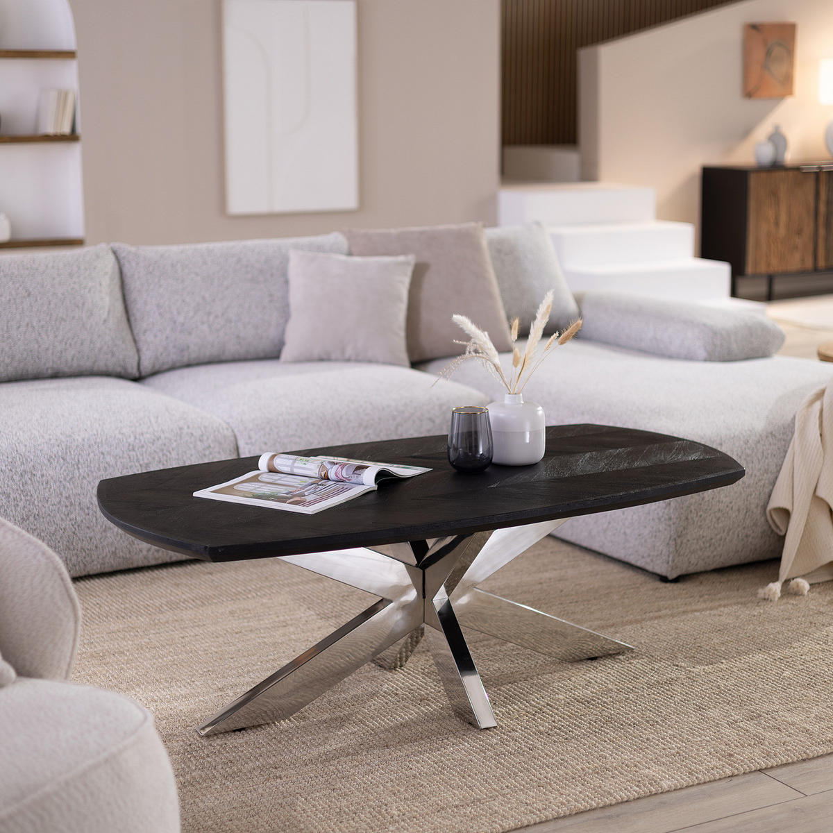 COUCHTISCH - Mango massiv / Metall - Mango Schwarz / Edelstahl - Schwarz, Holz/Metall (70/130/45cm) - home24