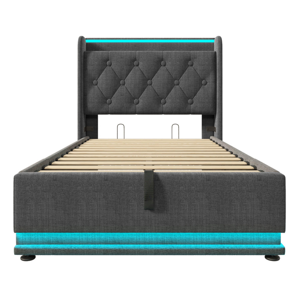 POLSTERBETT aus Leinen 90x200 cm Grau mit LED, USB-C und Bettkasten - Grau, Textil (90/200cm) - IVMEU