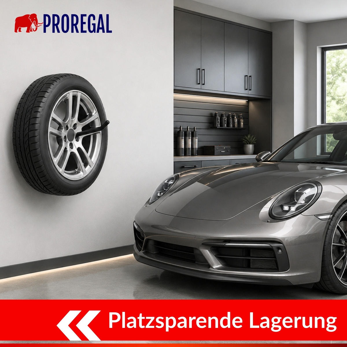 REIFENHALTER Wandhalterung PREX 4er Reifen Set HxBxT 9x5x25 cm Traglast 30 kg Schwarz Set für Garage Zum Anschrauben mit hoher Qualität - Schwarz, Metall (25/5/9cm) - PROREGAL