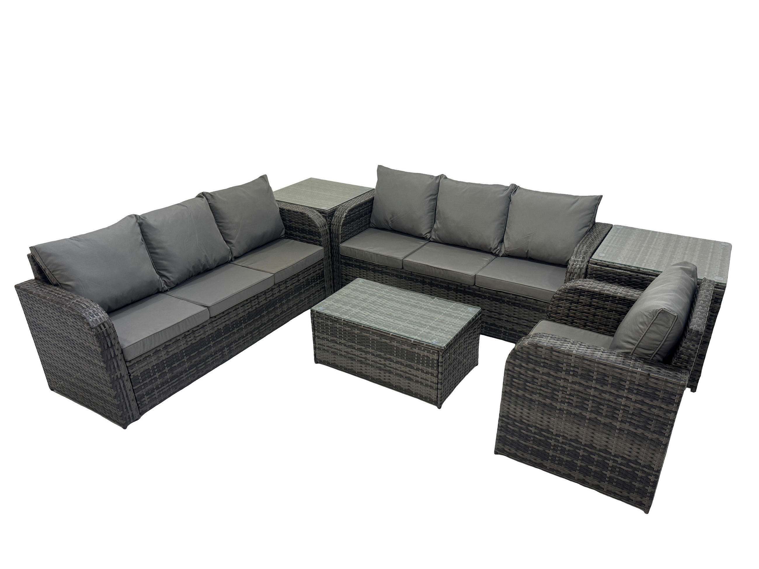 GARTENMÖBEL-SET mit Kissen Polyrattan Dunkelgrau 7-Sitzer - Dunkelgrau/Grau, Glas/Kunststoff - Fimous
