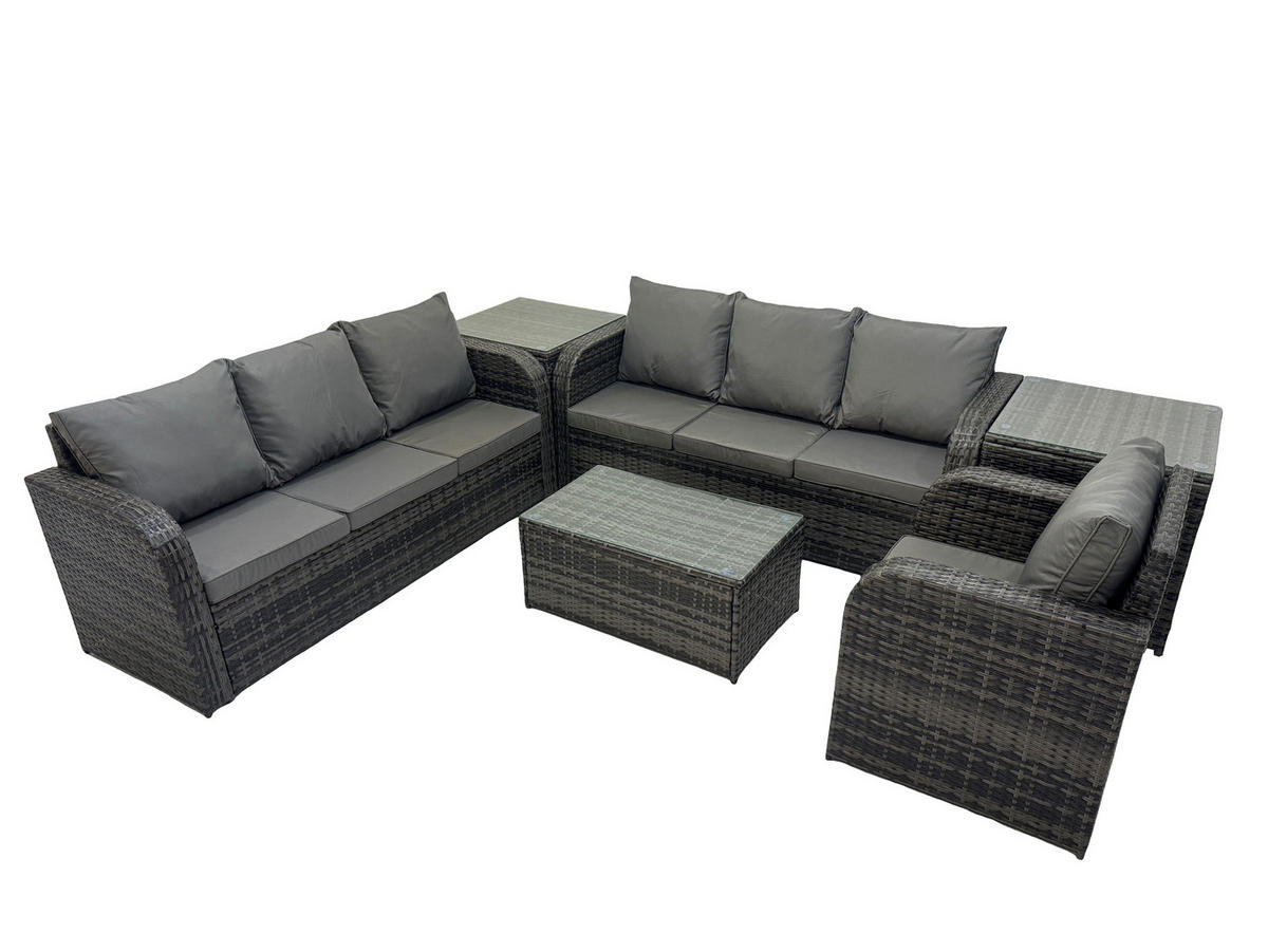 GARTENMÖBEL-SET mit Kissen Polyrattan Dunkelgrau 7-Sitzer - Dunkelgrau/Grau, Glas/Kunststoff - Fimous