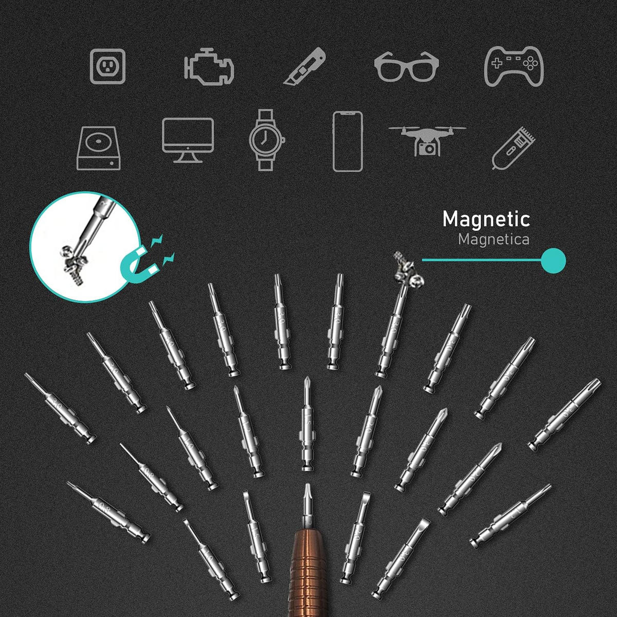 SCHRAUBENDREHER-SET-DIY,25-IN-1 Professionelles Präzisions-Magnetschraubendreher-Set - Silberfarben, Metall (10.6/6.2/2cm) - LIBRATON