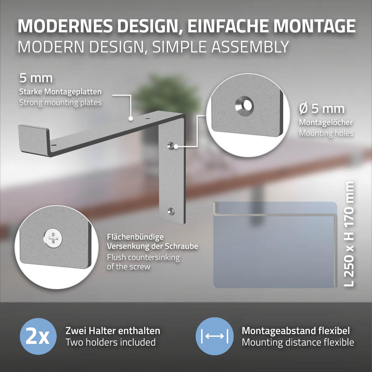 REGALHALTERUNG 2er Set - Grau, Metall (14.5/4/25cm) - ML-DESIGN