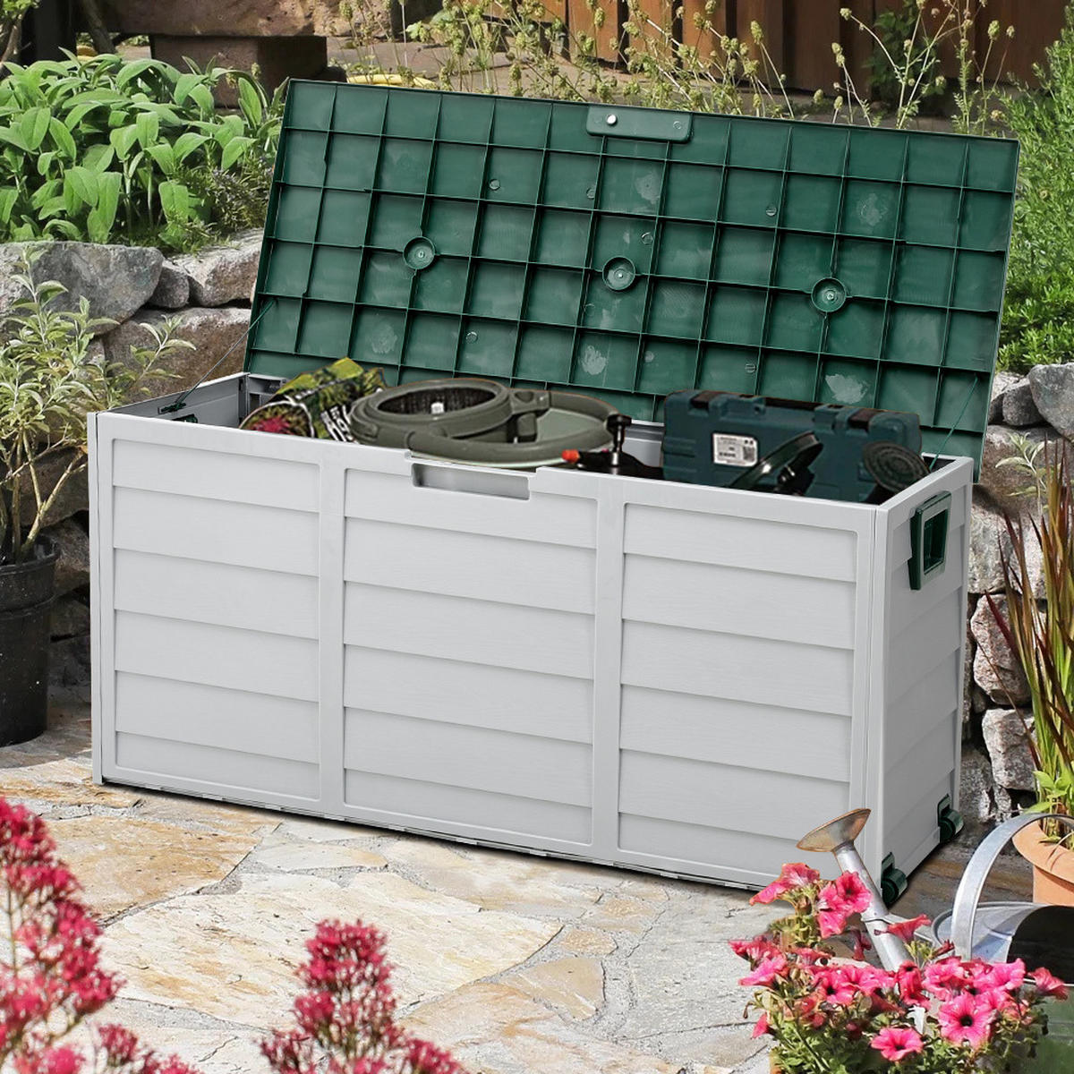 GARTENBOX 290L aus PP Kunststoff in Grün+Hellgrau mit Rollen, Modell Robuste Konstruktio 112 cm B x 49 cm T x 54 cm H - Grün, Kunststoff (112/54/49cm) - Livingandhome