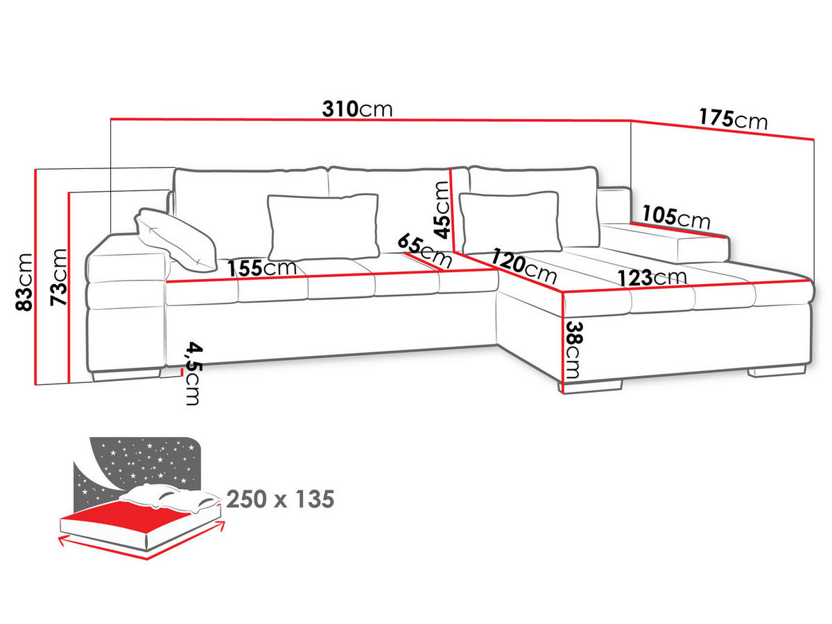 ECKSOFA Bangkok, Seite: Links - Silberfarben/Orange, Holz/Textil (310/175cm) - MIRJAN24