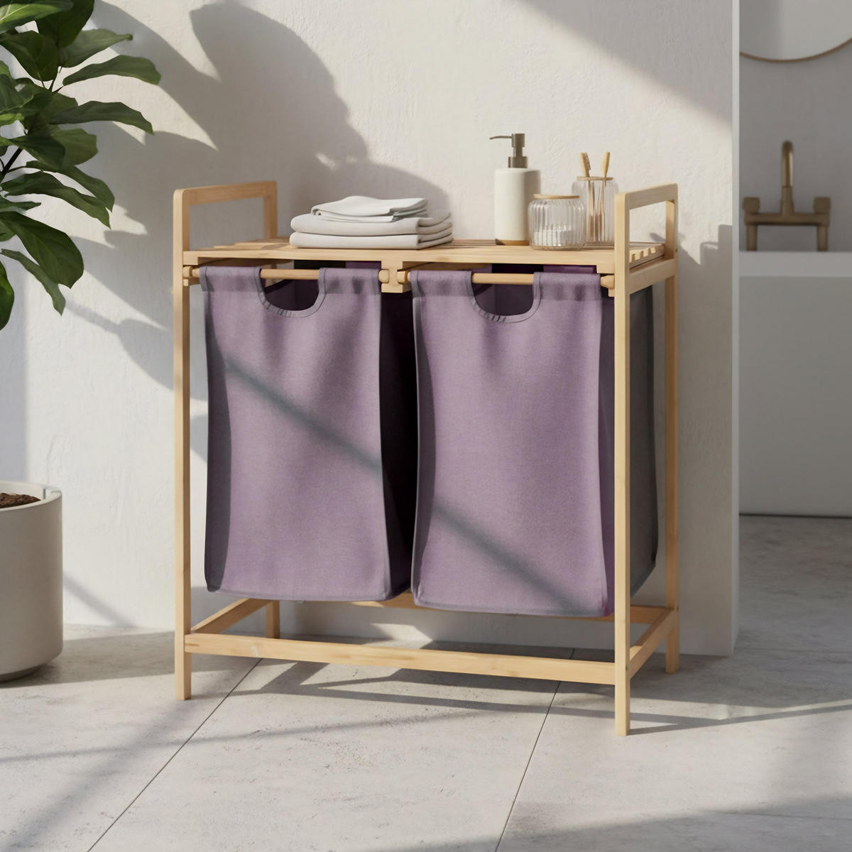 WÄSCHEBOX Halle 2 Fächer je 33 Liter 64x33x73cm Holz Natura Wäschesammler - Naturfarben, Holz (64/73/33cm) - DELUKE