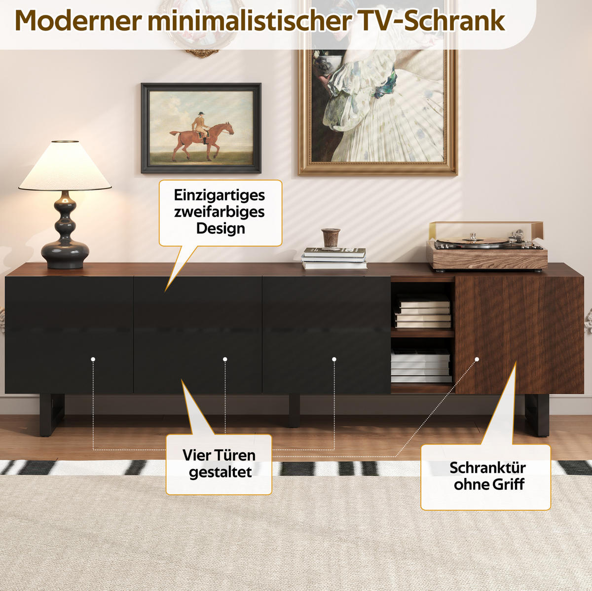 TV-LOWBOARD 180/38/50 cm in Schwarz/Natur mit Hochglanzfronten und 4 Türen - Hellbraun, Holzwerkstoff (180/50/38cm) - Flora Grace