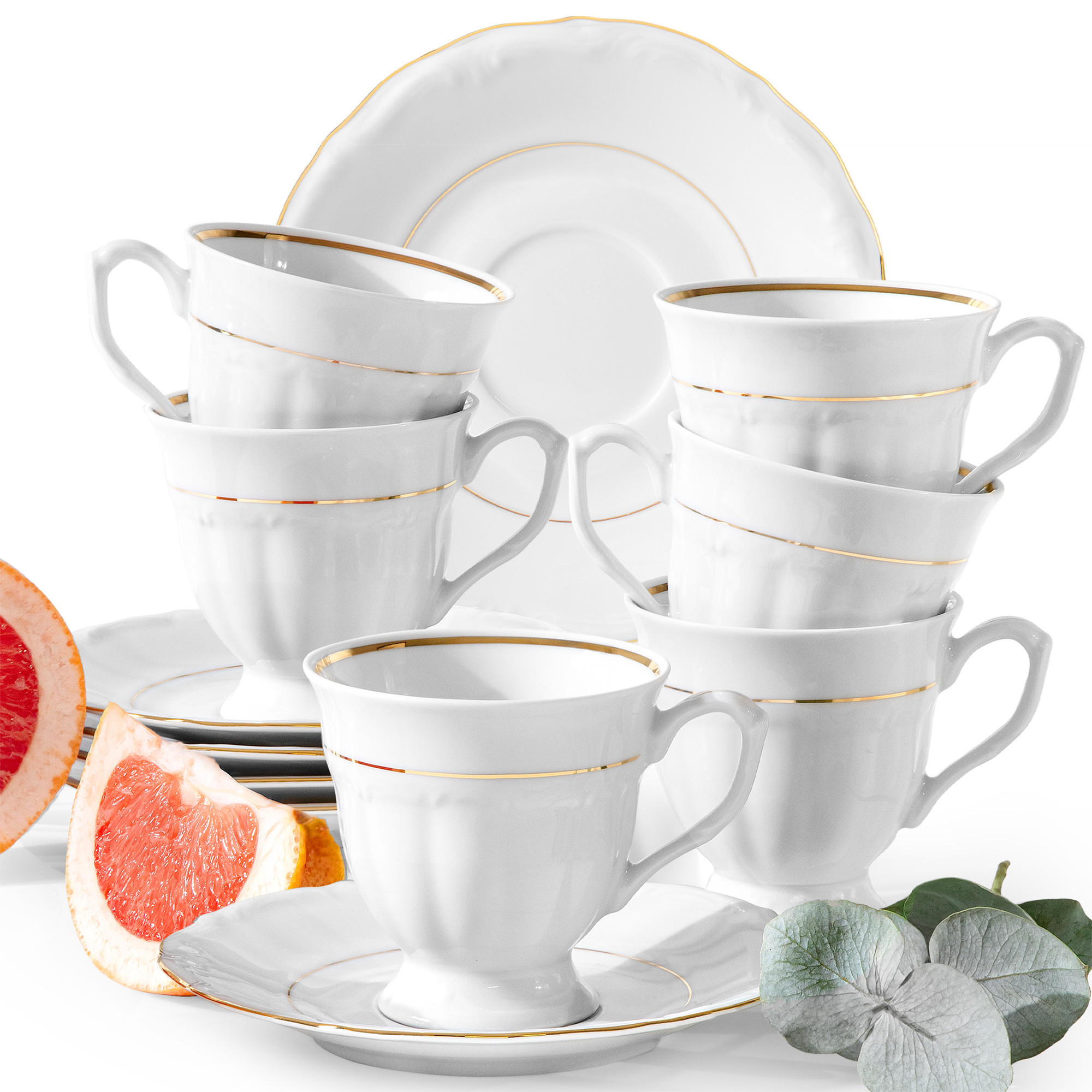 TASSEN-SET TASSE mit Untertasse Chodziez MARIA TERESA 6-tlg Porzellan mit Goldrand, Weiß / Gold - Goldfarben/Weiß, Keramik (0.25L) - KONSIMO®