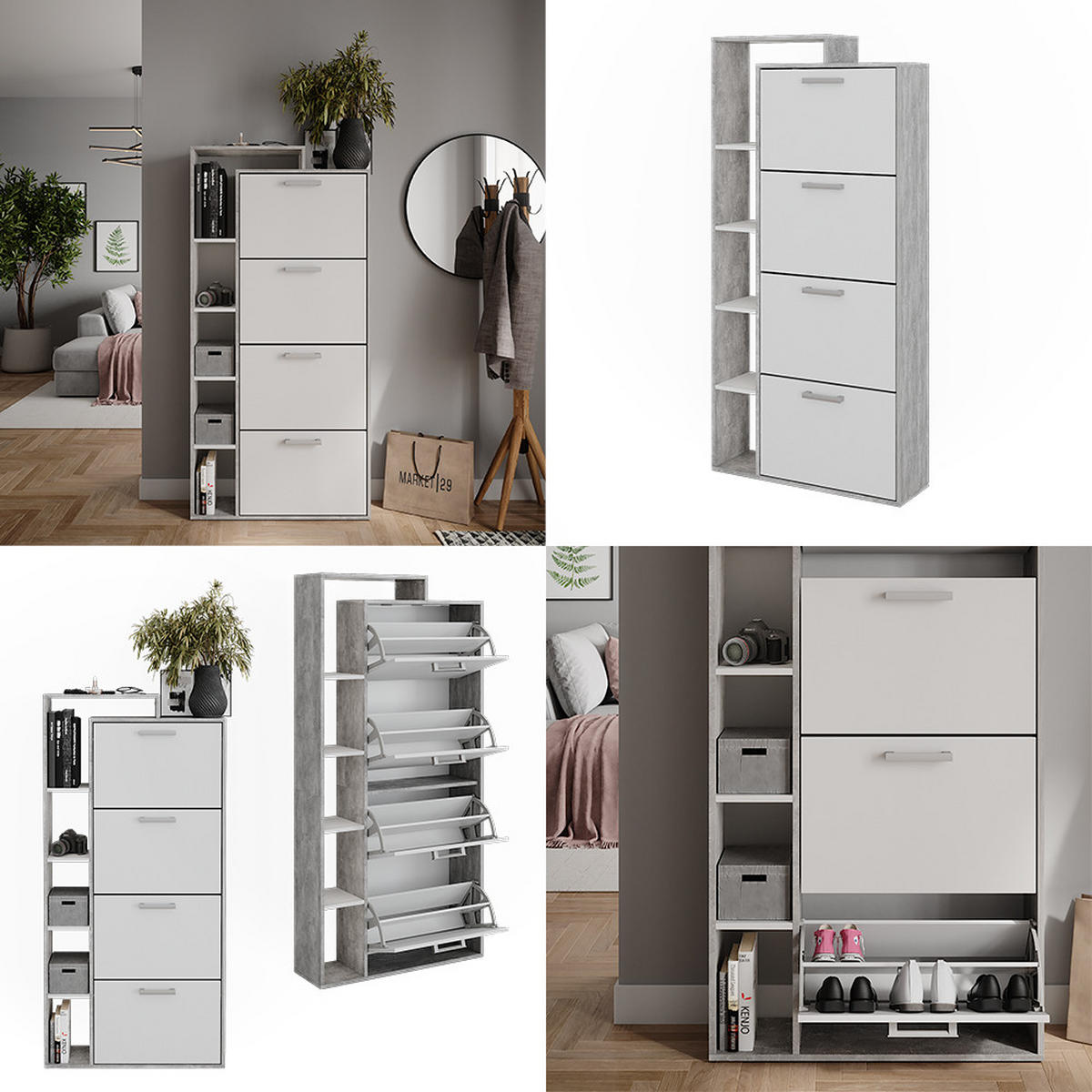 SCHUHKIPPER Orlando Weiß/Beton 80 x 166.1 cm mit 4 Fächern - Weiß/Grau, Holzwerkstoff (80/166.1/24.2cm) - Vicco