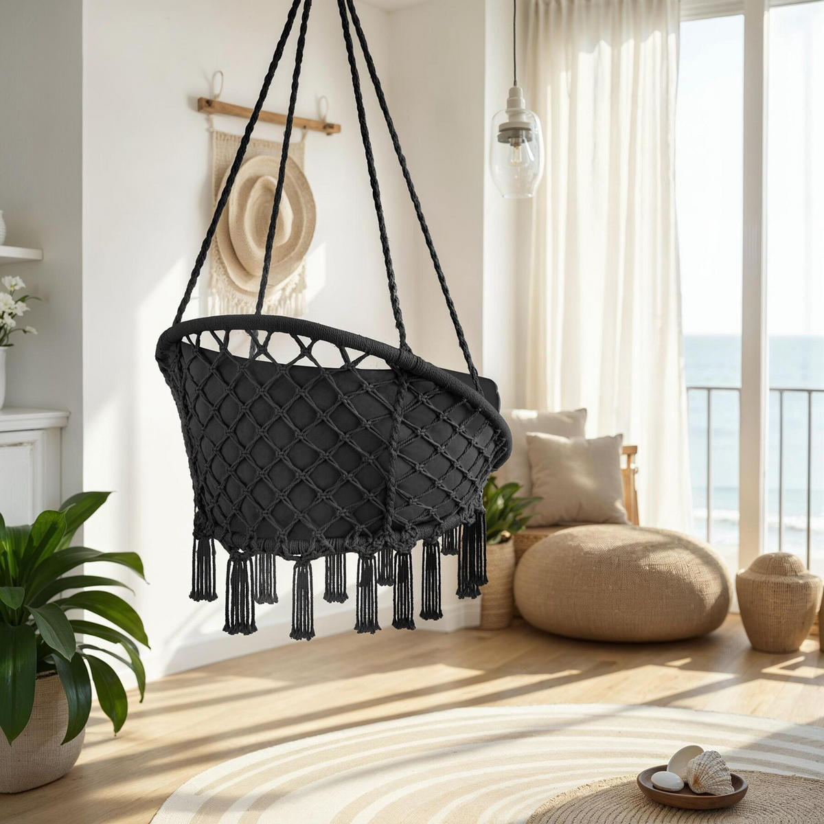 HÄNGESESSEL Grazia,80 x 72 x 125 cm,schwarz - Schwarz, Kunststoff/Metall (80/125/72cm) - tectake