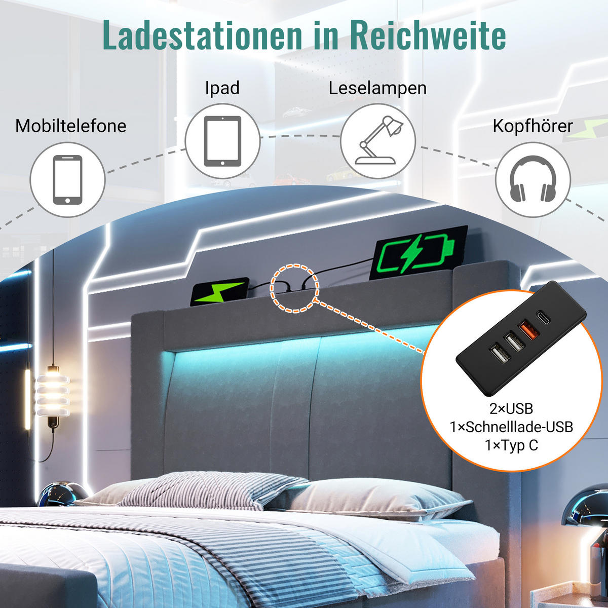 POLSTERBETT 90/200 cm aus Samt mit LED, USB- und Type-C-Anschluss, hydraulischem Stauraum und Matratze, Grau - Grau, Textil (90/200cm) - Redom