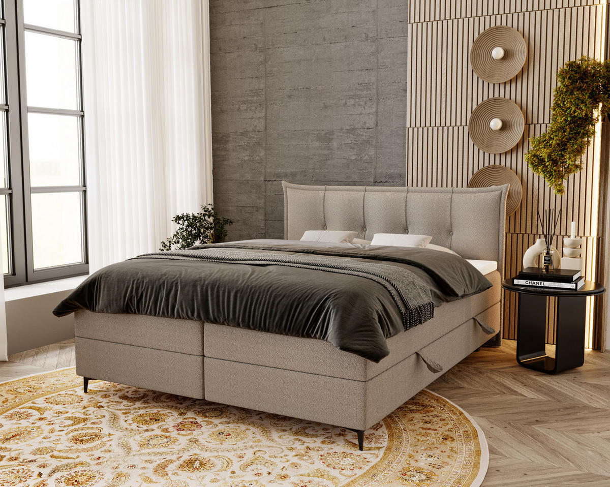 BOXSPRINGBETT Boucle 200x200 Liron mit Kissen-Kopfteil und Matratze, Hellgrau - Hellgrau, Holz/Textil (200/200cm) - Emporius
