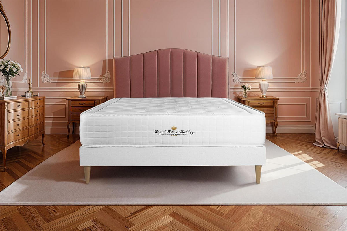 BETT Buckingham Memory-Schaum 140 x 220 cm h1 - Kit Bettgestell Weiß - Beige/Weiß, Holz (140/220cm) - ROYAL PALACE BEDDING