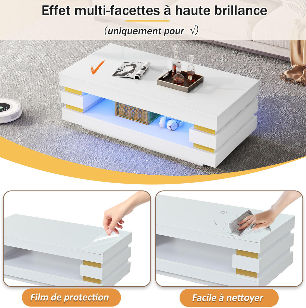 COUCHTISCH 100/50/35 cm mit LED-Beleuchtung, offenem Stauraum und Hochglanzoberfläche aus Spanplatte, Weiß - Weiß, Holzwerkstoff (100/50/35cm) - Redom