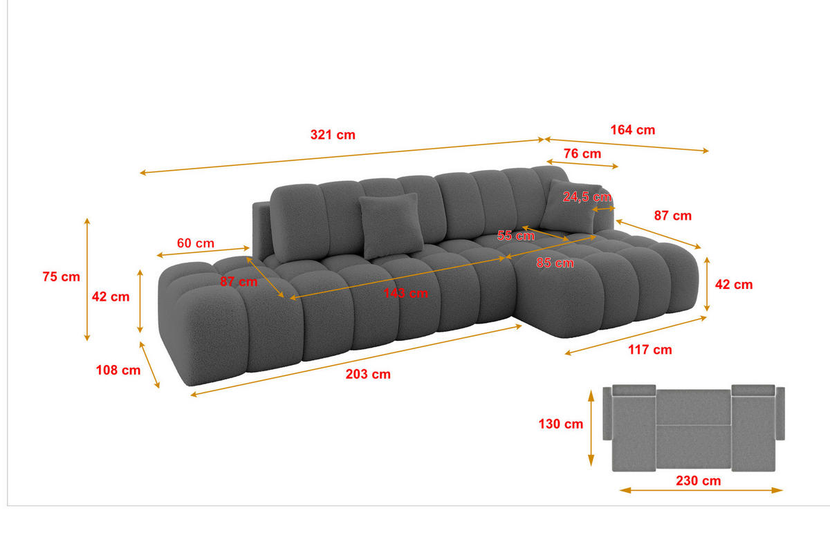 ECKSOFA mit Schlaffunktion Ottomane RECHTS OLEA-L2 321x164x75 Grau Bouclé - Schwarz/Grau, Holzwerkstoff/Kunststoff (164/321cm) - ALTDECOR