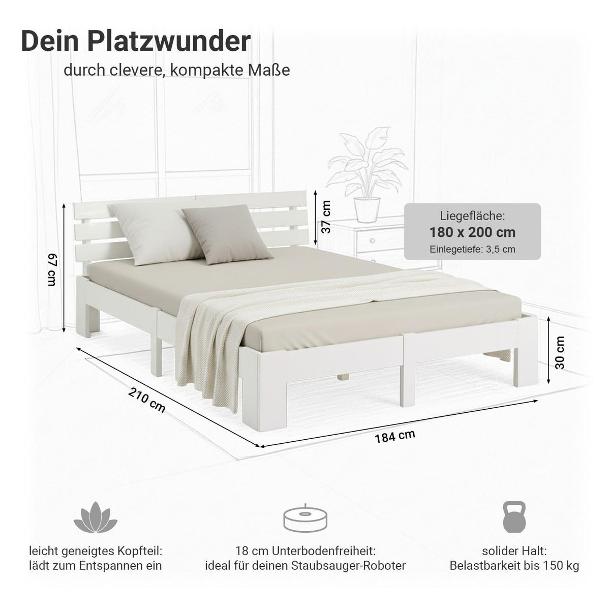 HOLZBETT Weiss 180/200 cm Doppelbett mit Lattenrost - Weiß, Holz (180/200cm) - Homestyle4u