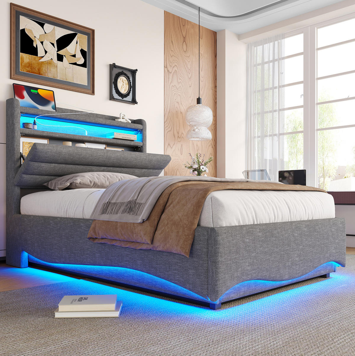 POLSTERBETT 90/200 cm Grau aus Leinen mit Stauraum, LED und USB-Anschlüssen - Grau, Textil (90/200cm) - Flora Grace