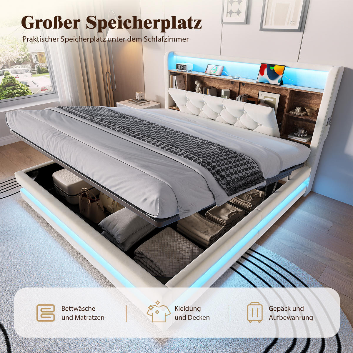 BOXBETT 140/200 mit LED/USB, Kopfteil-Regal & Hydraulik, Samt, Beige - Beige, Holz (140/200cm) - LVHOM