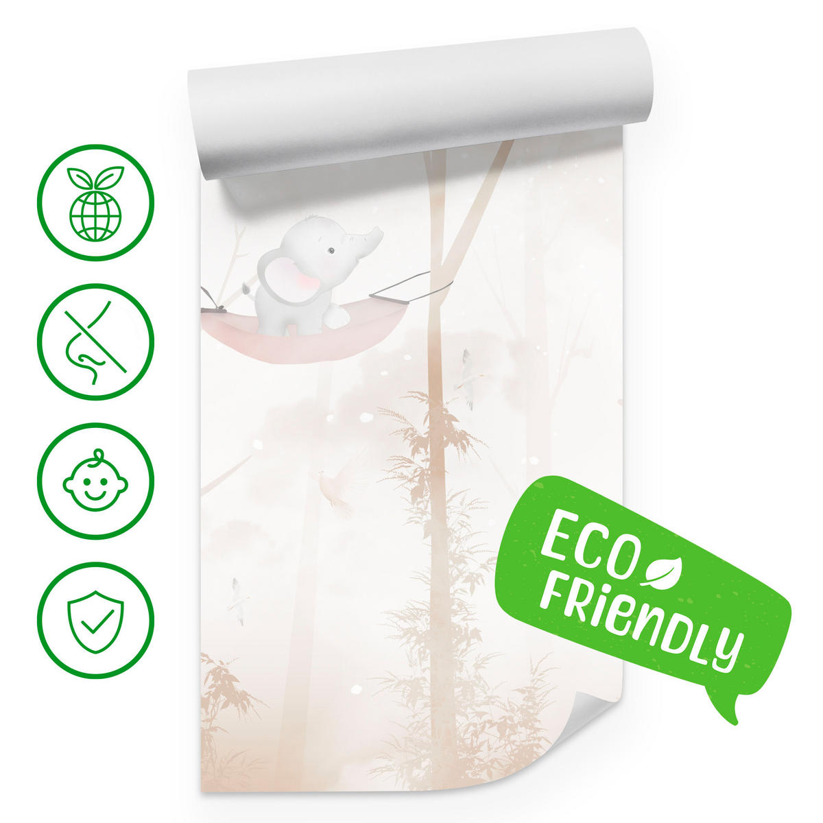 FOTOTAPETE für Kinderzimmer Tiere Hängematten WALD Elefant Giraffe 450x315 - Beige/Schwarz, Papier (450/315cm) - Muralo