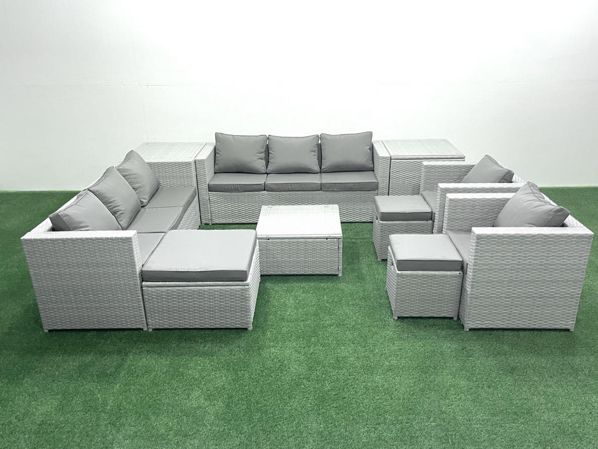 GARTENMÖBEL-SET mit Kissen Polyrattan Hellgrau-Mix 11-Sitzer - Hellgrau/Grau, Glas/Kunststoff - Fimous