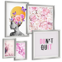 BILDER SET 5er Set - 50x50 cm & 20x30 cm & 40x60 cm Silberner Rahmen - Abstraktes Blumenporträt einer Frau - Silberfarben, Kunststoff (40/60cm) - TULUP