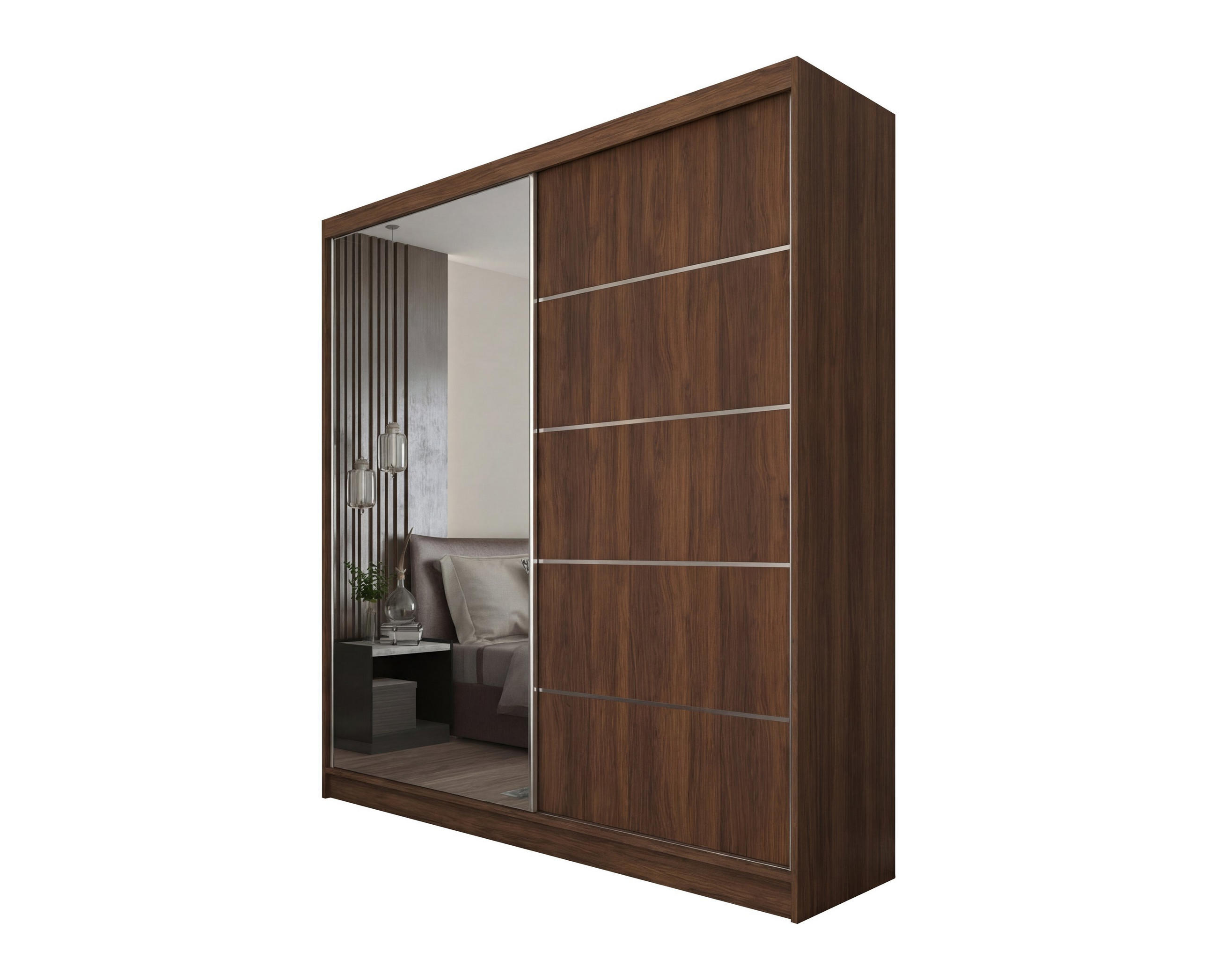 SCHWEBETÜRENSCHRANK MIRELLA 200/216/61 cm Modern Kleiderschrank 2-türig mit Spiegel Nussbaumfarben - Nussbaumfarben, Holzwerkstoff (200/216/61cm) - MASSENO