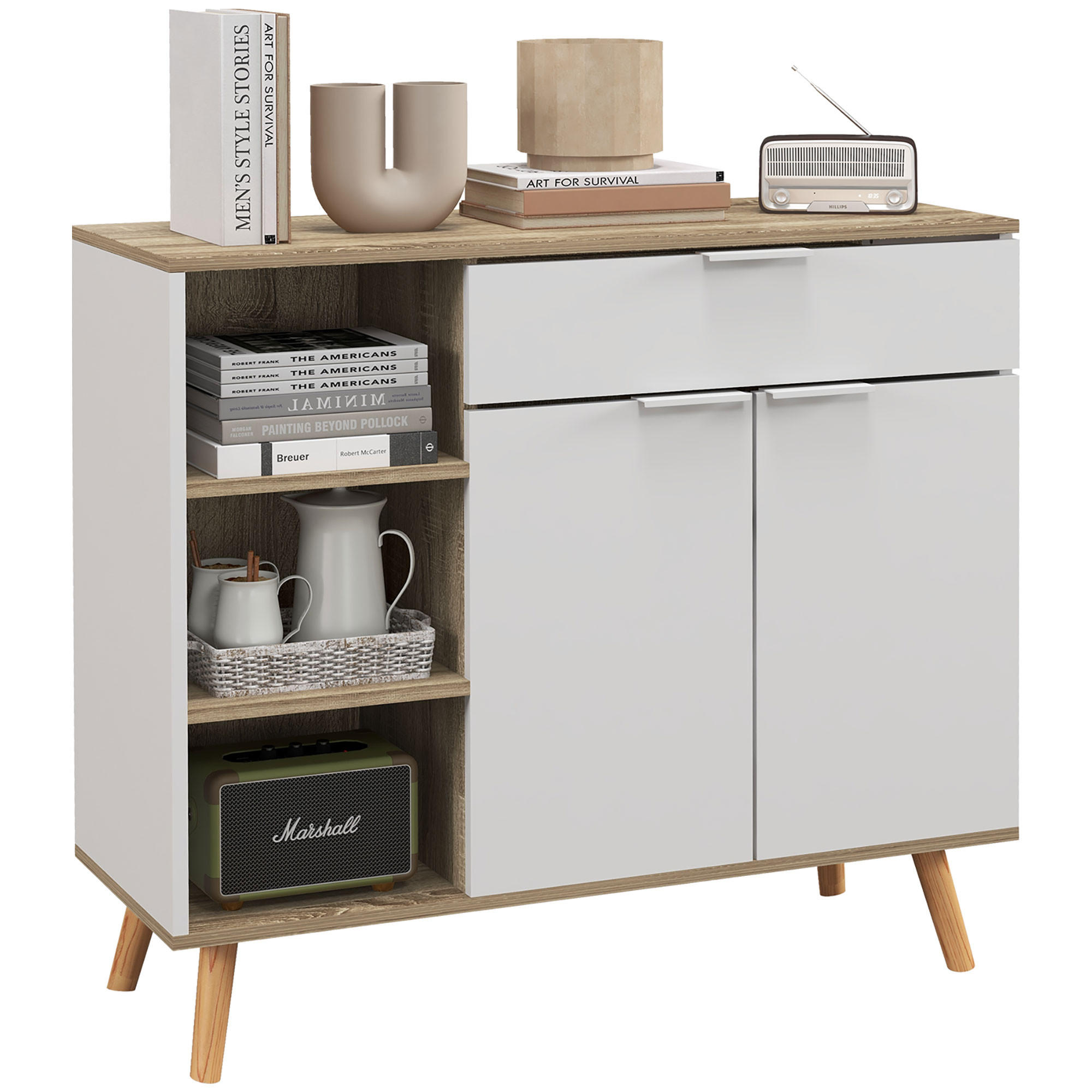 SIDEBOARD Weiß und Natur, 1 Schublade, 2 Türen, 95/35/85 cm - Weiß, Holz (95/85/35cm) - PANGIVO