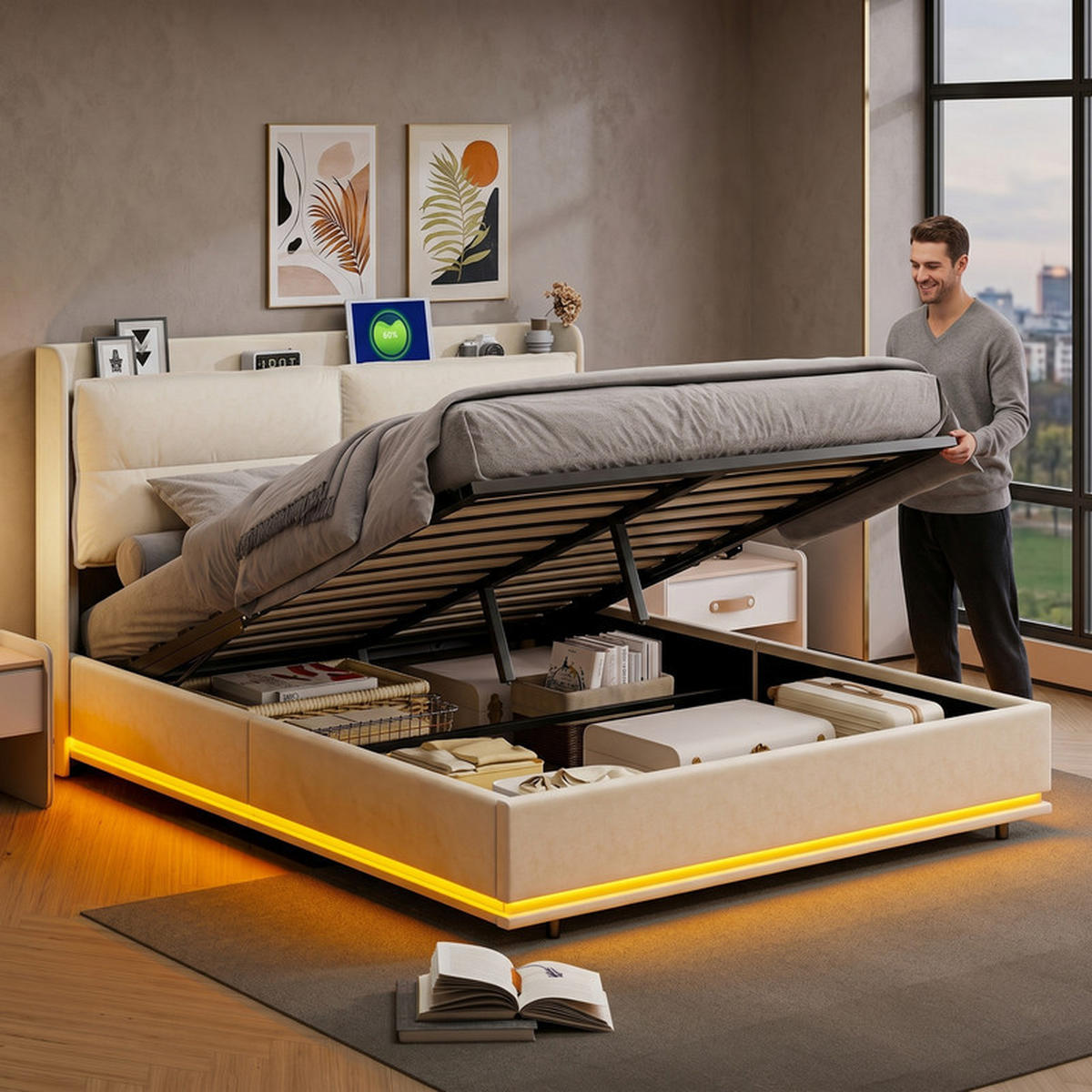 KLÄDD säng 160/200 cm beige med förvaringsutrymme, LED och USB - Beige, Trä - SHOPENTRA