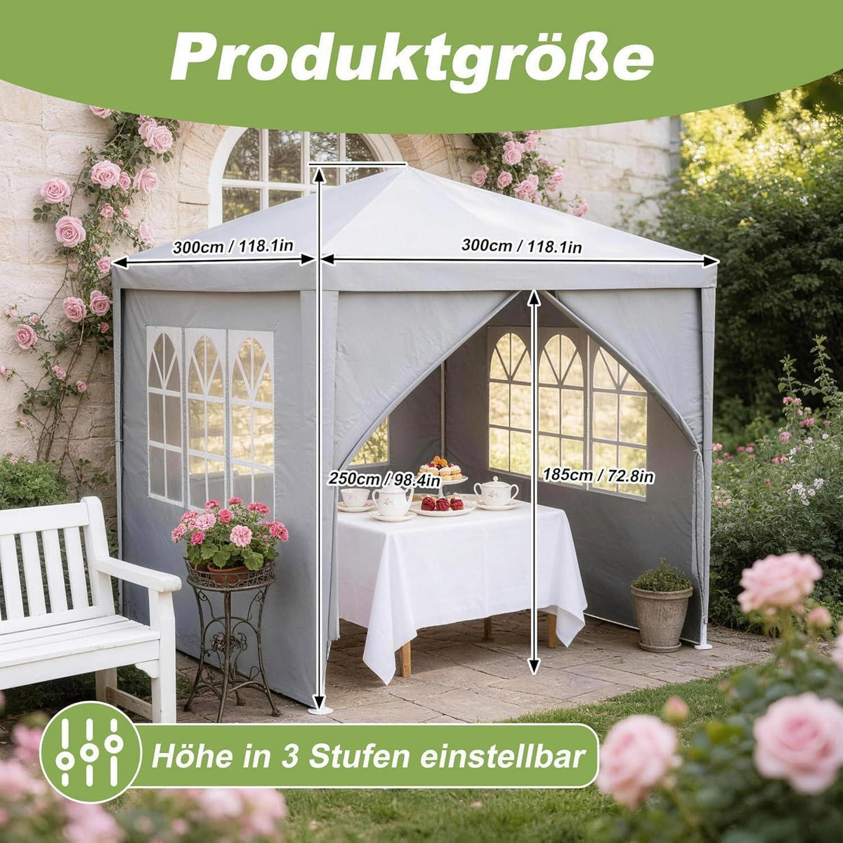 GARTENPAVILLON 3 x 3 m Grau mit Fenstern - Grau, Textil (250/300/300cm)