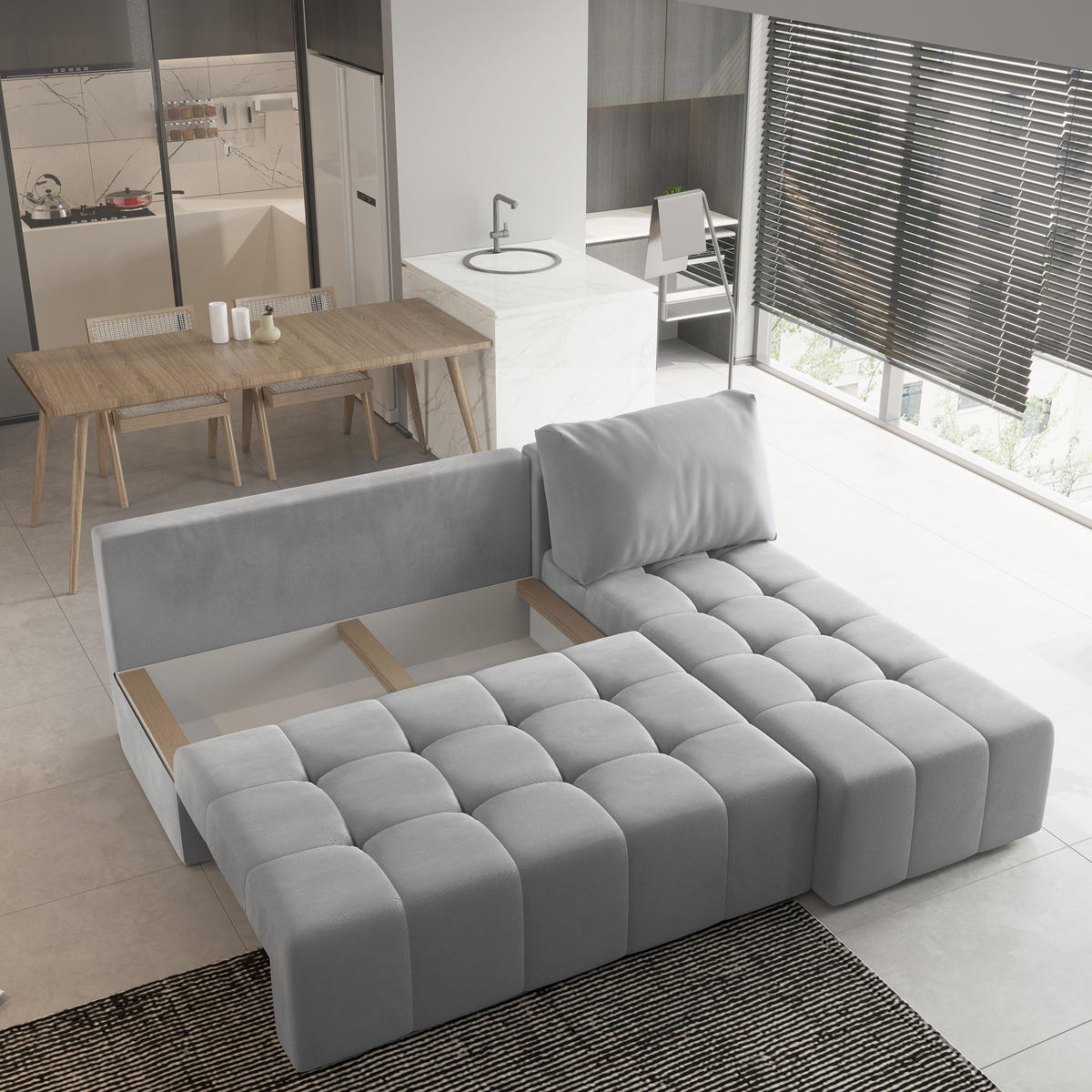ECKSOFA DOMIRA Beige Plüsch-Stoff mit Schlaffunktion - Beige, Holz (200/141cm) - MASSENO