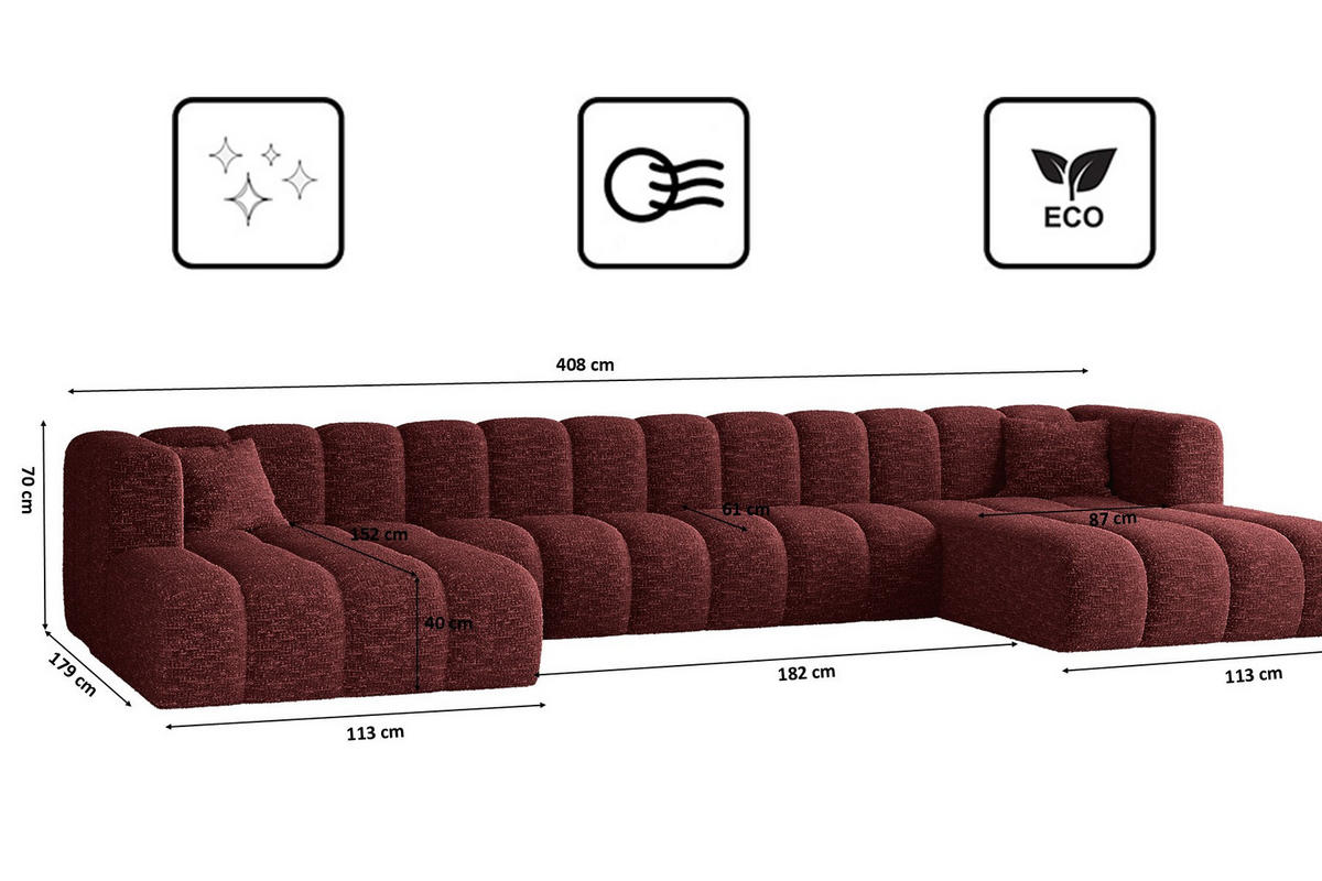 ECKSOFA U-form Grand U XL Stoff Haga Rotwein - Rot, Holz (179/408cm) - Kaiser Möbel