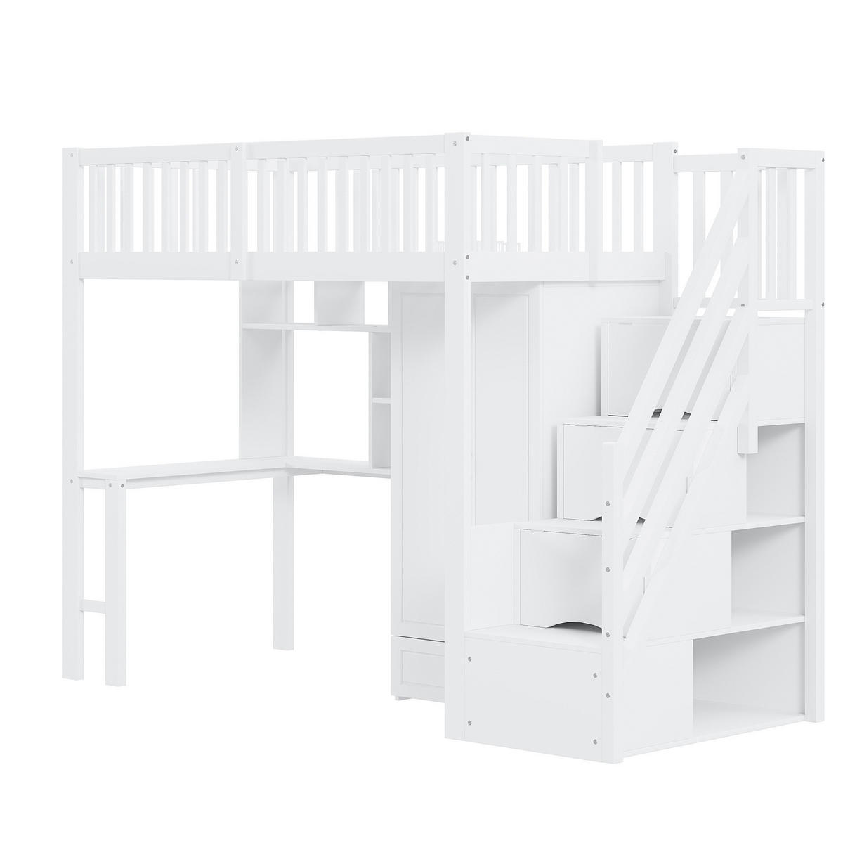 HOCHBETT 90/200 cm in Weiß mit Schreibtisch, Kleiderschrank und Stauraumtreppe - Weiß, Holz (90/200cm) - BEAOK