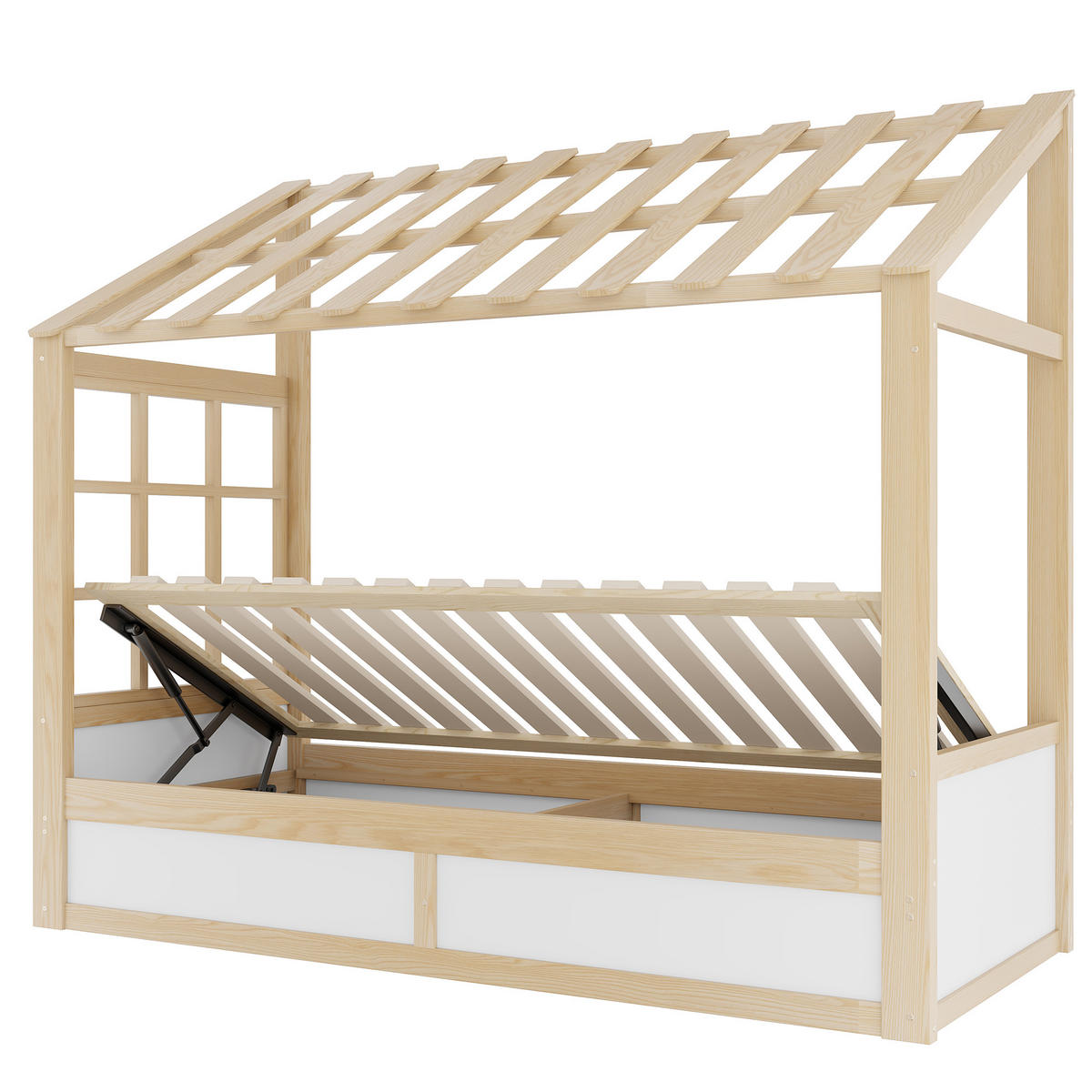 HAUSBETT 90/200 cm mit Dach und Stauraum, DE-41620, in Holzfarbe/Weiß - Naturfarben, Holzwerkstoff (90/200cm) - ComfortXL