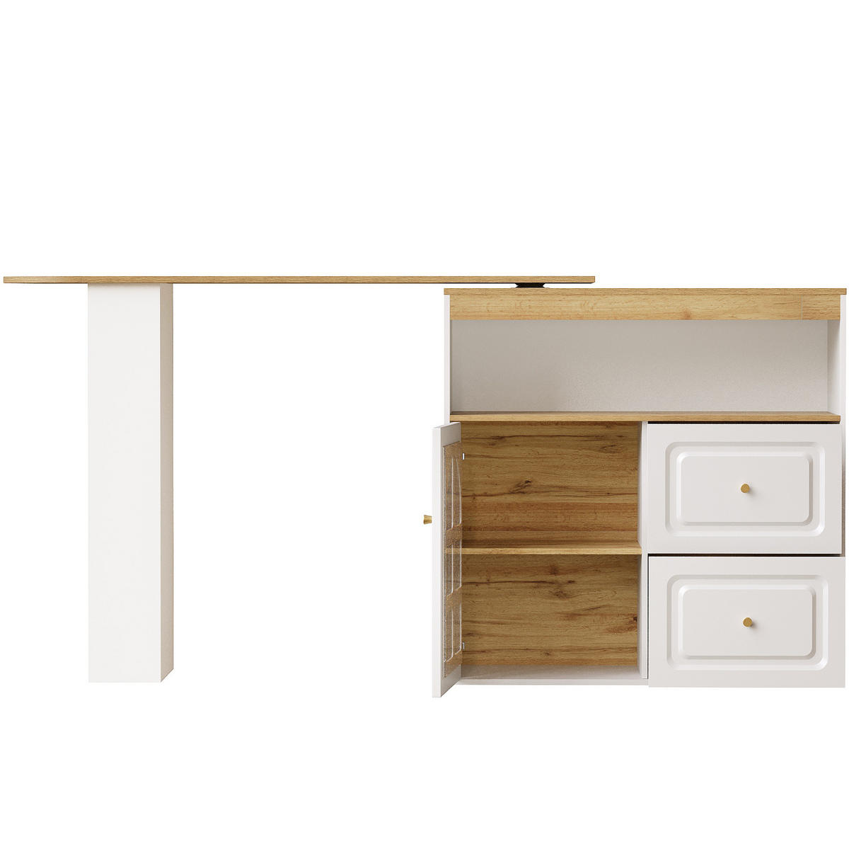 BARSKA miza 138-204/39/104 cm z 360° vrtenjem, 2 predaloma in 3 policami, MDF, Bela - bela, leseni material (39/104/138cm) - Redom