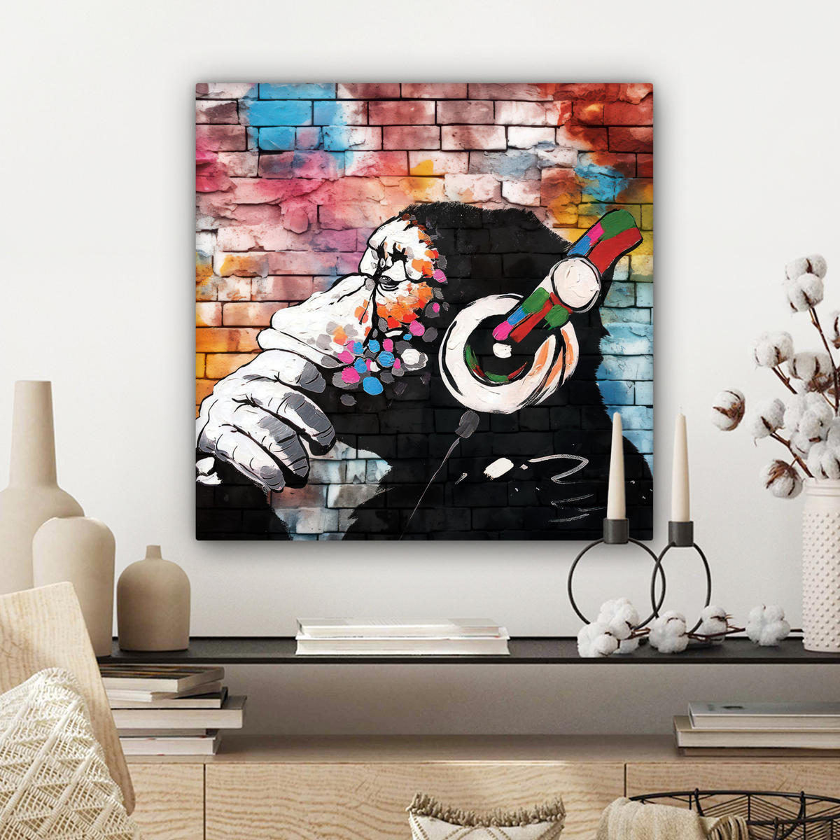 LEINWANDBILD Affe - Graffiti - Musik Wandbild Wohnzimmer 50x50 cm - Multicolor, Textil (50/50cm) - MuchoWow