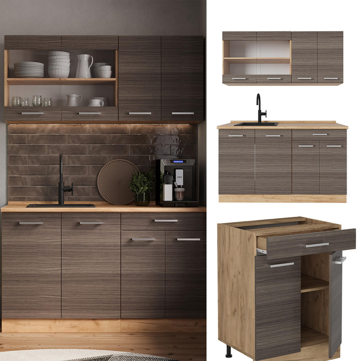 SINGLEKÜCHE R-Line Edelgrau/Goldkraft Eiche 140 cm ohne Arbeitsplatte - Eiche Wotan/Braun, Holzwerkstoff (140/81.6/46cm) - Vicco