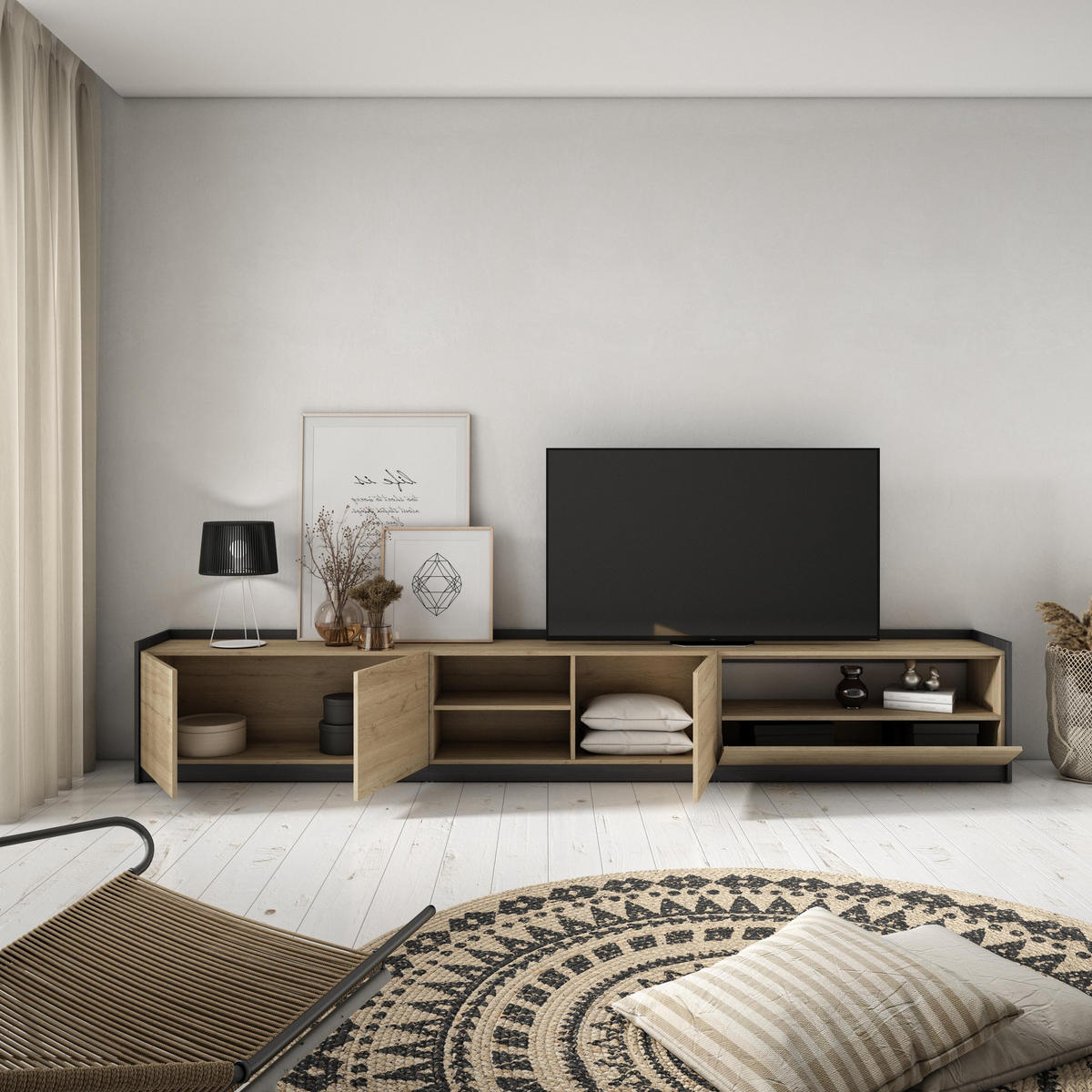 TV-SCHRANK, Lowboard, Eiche Schwarz, 310/37/50cm - Eichefarben, Holzwerkstoff (310/50/37cm) - Skraut Home