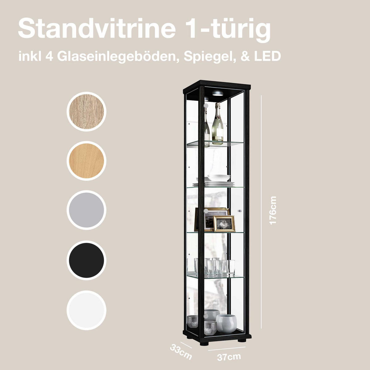 GLASVITRINE 33/37/176 cm mit Spiegel, LED & 4 höhenverstellbaren Glasböden - Transparent/Silberfarben, Glas/Holzwerkstoff (37/176/33cm) - K-Möbel