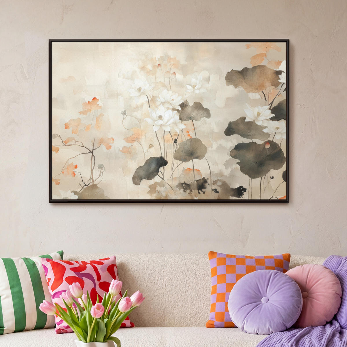 LEINWAND Bilder mit Rahmen - Blumen - Japandi - Wabi sabi - 90x60 - Sandfarben, Textil (90/60cm) - MuchoWow