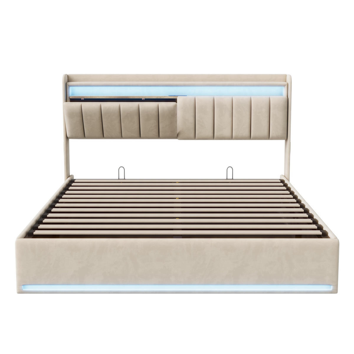 POLSTERBETT 140x200 cm mit USB/Typ-C Ladefunktion RGB-Beleuchtung 4 Schubladen & Kopfteil-Stauraum Samt Beige - Beige, Textil (140/200cm) - DELFA