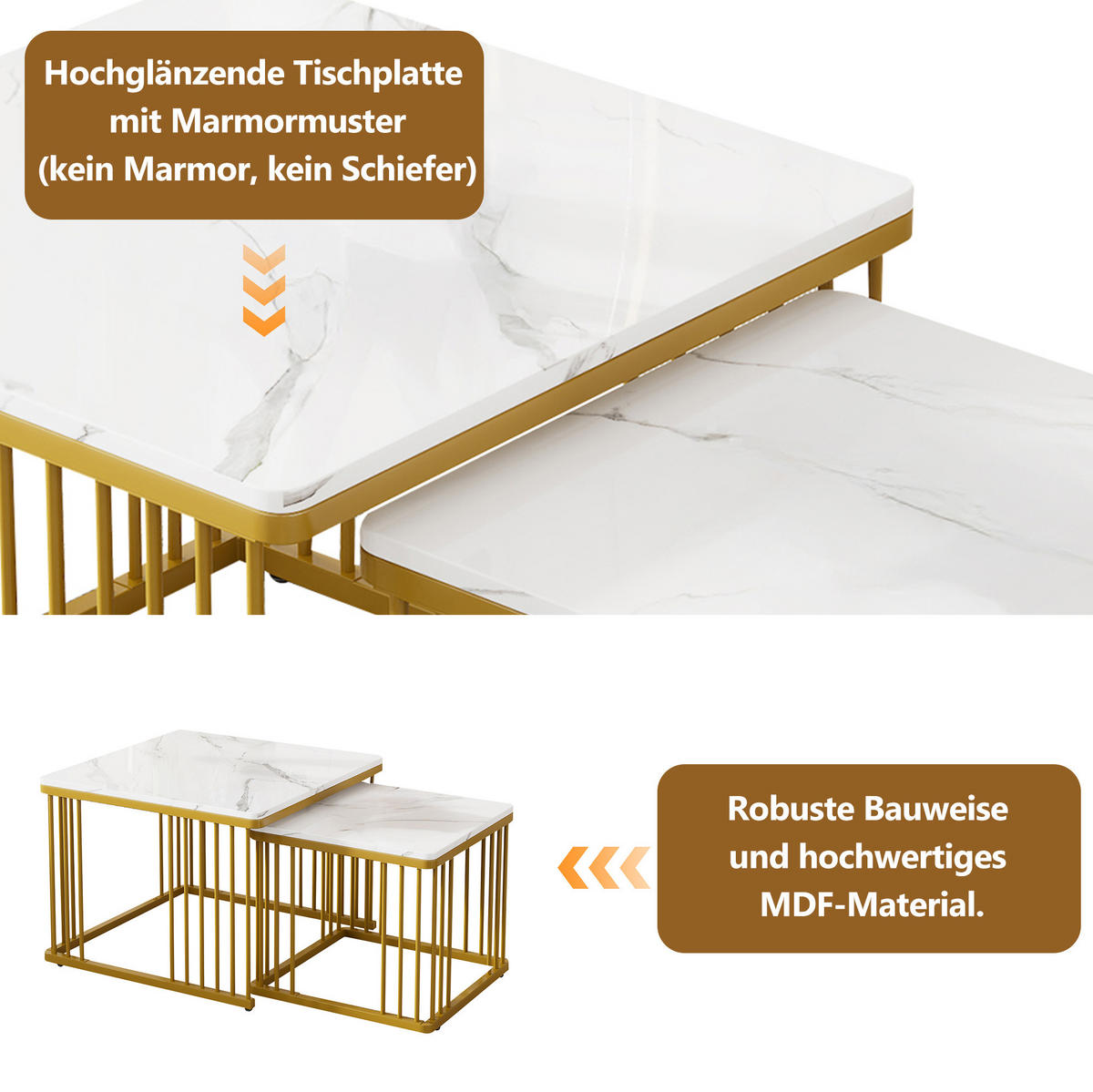 KONFERENČNÍ stolky 60/60/45 cm bílé z MDF v mramorovém vzhledu zasouvací 2 ks - bílá, kompozitní dřevo (60/60/45cm) - OKWISH