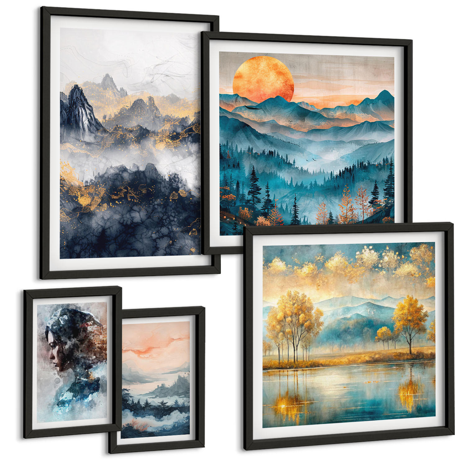 BILDER SET 5er Set - 50x50 cm & 20x30 cm & 40x60 cm Schwarzer Rahmen - Tropische Pflanzen, Vögel, Natur - Schwarz, Kunststoff (40/60cm) - TULUP