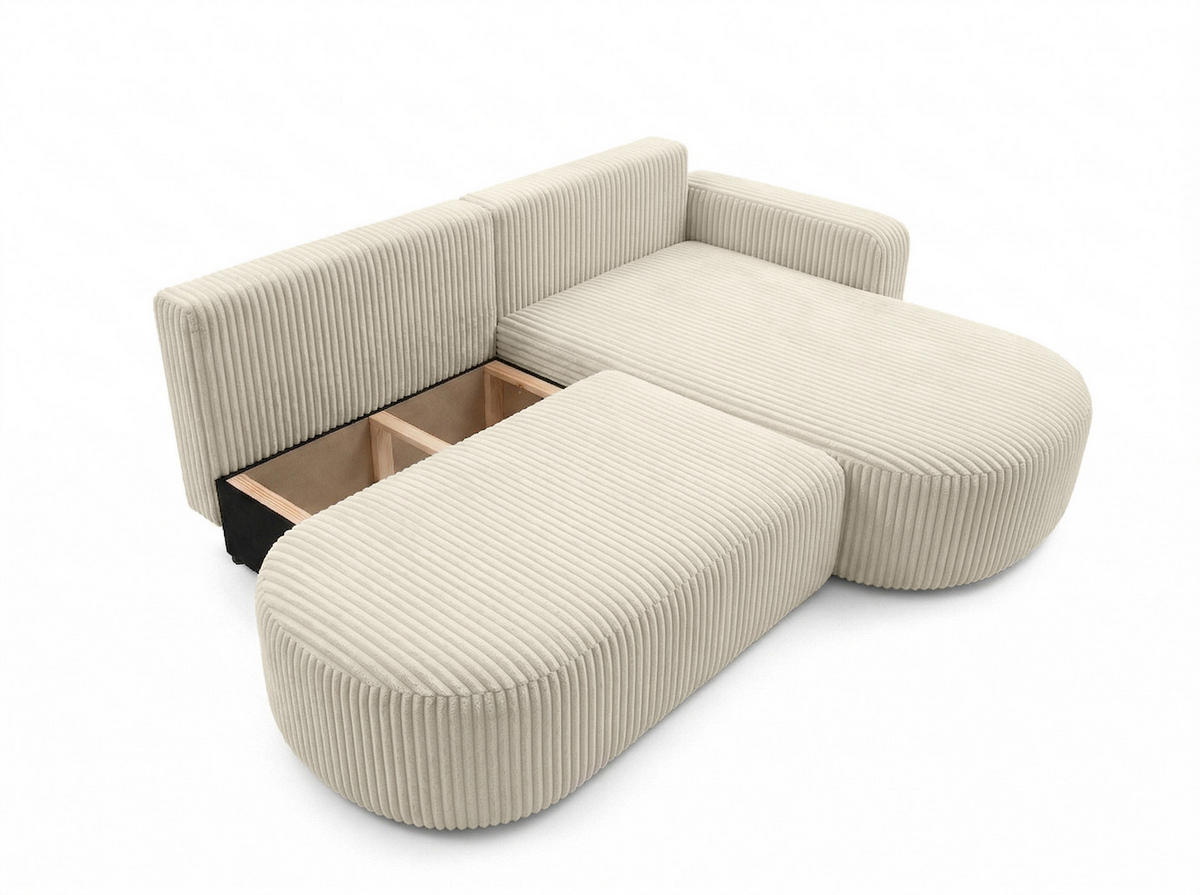 ECKSOFA Mit Schlaffunktion Und Bettkasten, Cordstoff Tilia, Ecru, Rechts, ROUND ONE OPEN XL - Ecru, Holz (262/175cm) - Kaiser Möbel