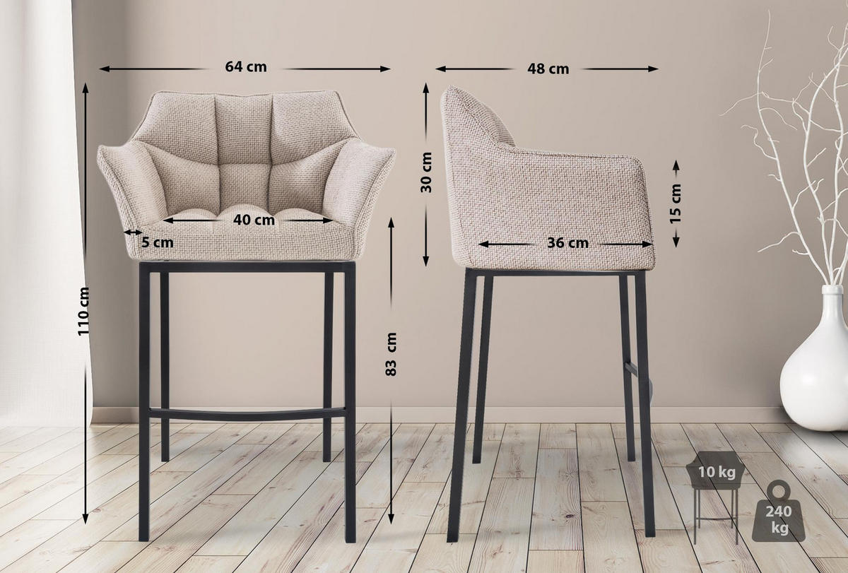 BARHOCKER 2er Set Stoff Elfenbein - Creme/Schwarz, Textil/Metall (64/110/48cm) - CLP