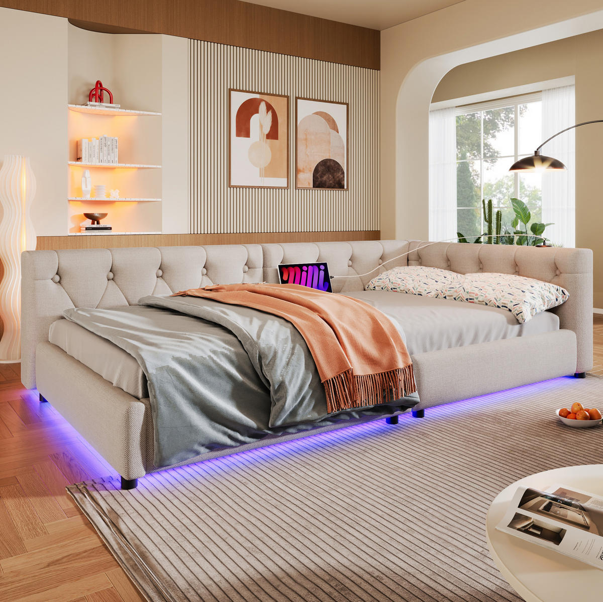 POLSTERBETT mit LED-Beleuchtung 90/200 cm in Beige mit USB und gepolstertem Kopfteil - Beige, Textil (90/200cm) - BEAOK