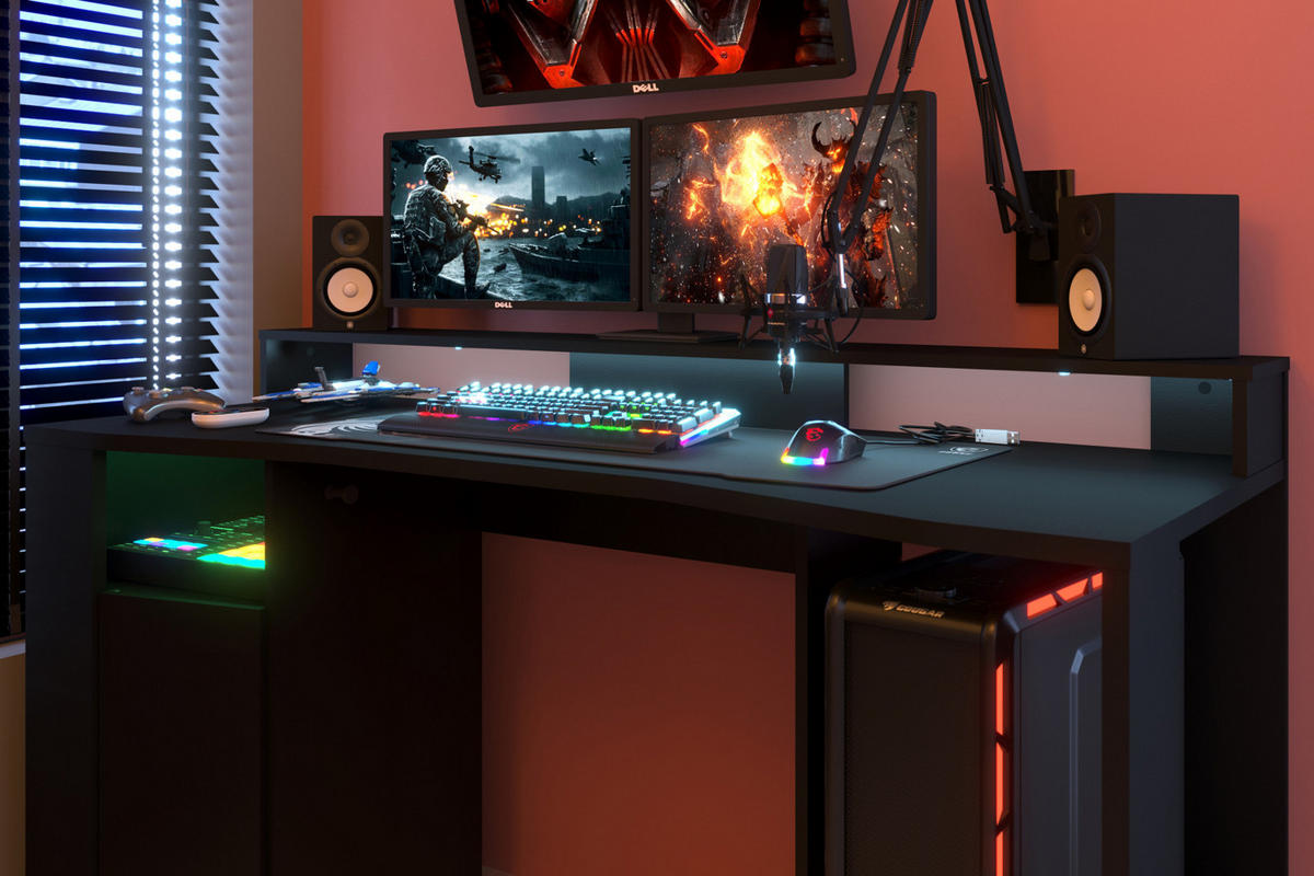 JUGENDZIMMER Gaming Set mit Schreibtisch und Schrank inkl. LED - Schwarz, Glas/Holzwerkstoff (290/180/62cm) - Parisot Meuble