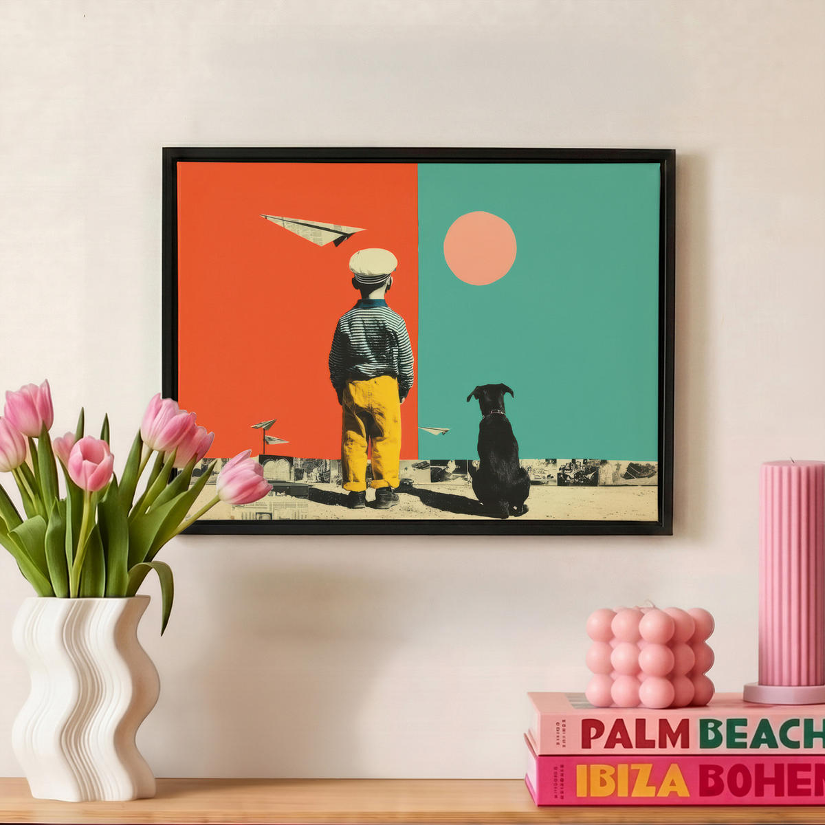 LEINWAND Bilder mit Rahmen - Retro - Junge - Hund - Rot - Grün - 40x30 - Orange, Textil (40/30cm) - MuchoWow