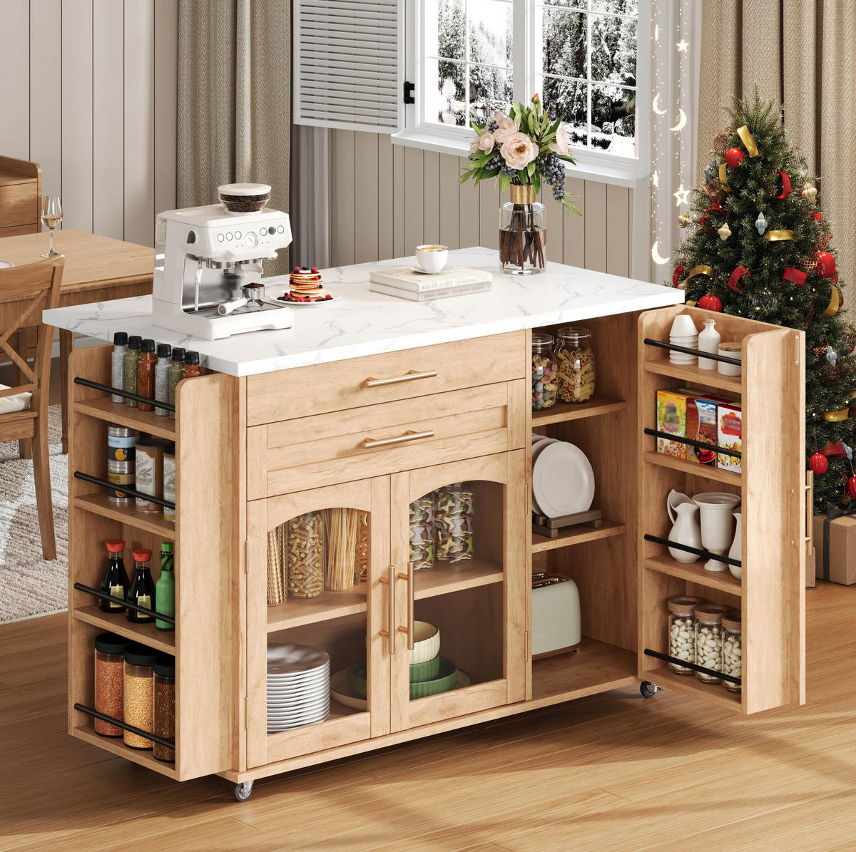 KÜCHENINSEL 138/70/90 cm mit klappbarer Arbeitsplatte, Glastüren und 5 Rollen aus MDF, Natur - Naturfarben, Holzwerkstoff (138/90/70cm) - Redom