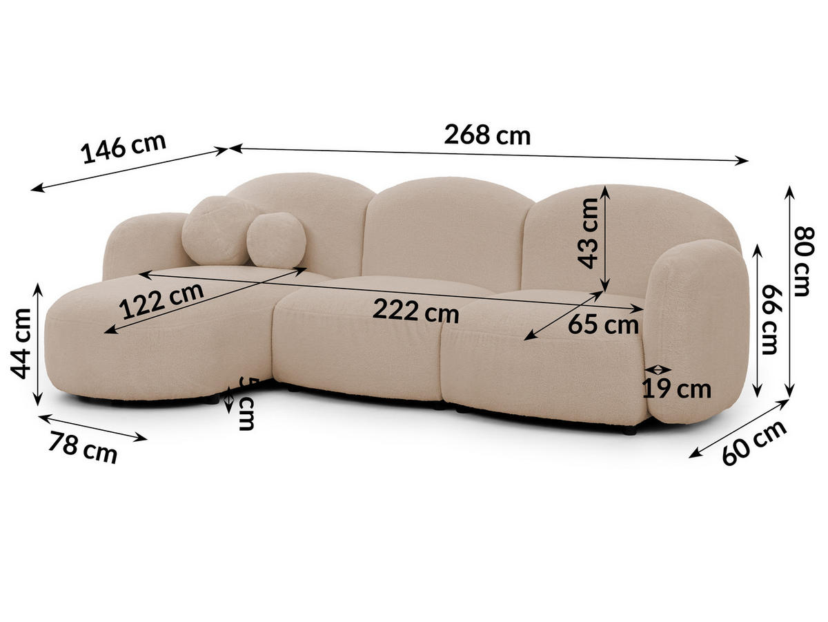 ECKSOFA Nuvola mit abgerundetem Design Hellbeige Bouclé-Stoff - Ottomane Links - Beige/Schwarz, Holz/Kunststoff (268/146cm) - S-Style Möbel